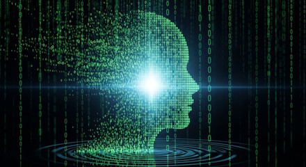 Digital consciousness emerges from glowing binary code, representing AI and data transformation