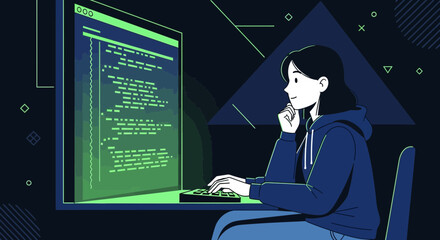Illustration of a programmer coding at night focused on a computer screen