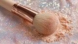 makeup brush with glowing, shiny beige rose shiny powders