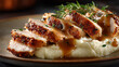 © AI_Vision - Close up of roasted turkey breast served with rich gravy and creamy mashed potatoes in gourmet food presentation