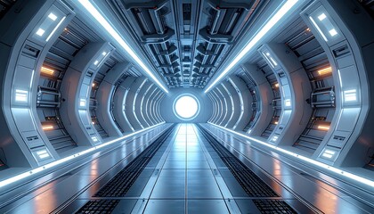 Futuristic corridor with bright light at the end