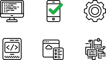 Technology and Coding Icons: Computer, Phone, Gear, Code, Cloud, Network