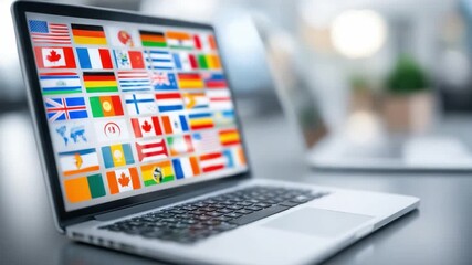 Digital Flags: A laptop displays a mosaic of national flags, signifying the interconnected world and digital communication across borders.