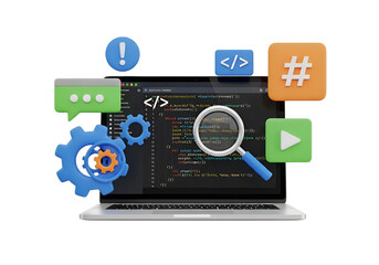 Abstract digital technology icons and code on laptop screen 3d render  - 3d render illustration