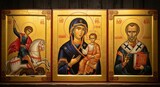 Religious icon triptych featuring st george mother mary and st nicholas
