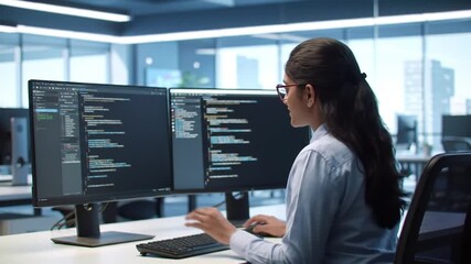 Dedicated female programmer coding complex software on dual monitors setup