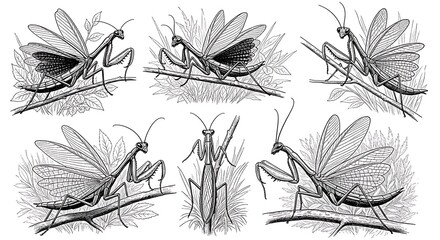 Intricate line art illustration depicting various mantis poses on branches and foliage