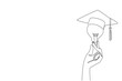 © Simple Line - Single one line drawing hand holding a bulb on top of which is a graduation cap. A symbol of the desire to achieve the highest education. Holding Bulb. Continuous line design graphic illustration