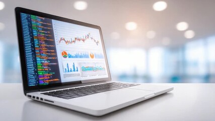 Wall Mural - Digital Insights: A sleek, modern laptop displays complex data visualizations, illuminating the core of digital insights and technological progress in the modern era.