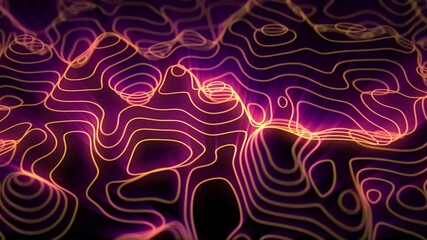 Looped digital terrain background with glowing contour lines and neon topographic map effect. Abstract animation of landscape scanning for science fiction and futuristic art. Seamless loop , 4K 60fps
