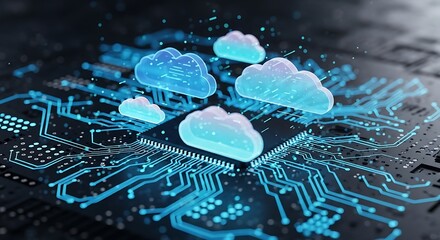 Digital cloud computing concept with luminous clouds on a circuit board