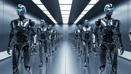Futuristic metallic robots march in unison down a sleek, modern corridor with bright overhead lighting, showcasing advanced AI and automation.
