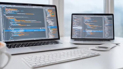 Wall Mural - Coding Workflow: The image is a scene of a modern workspace, featuring two sleek laptops displaying lines of code. The scene evokes the essence of technology, programming, and the digital world.