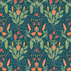 Naklejka na meble Seamless floral pattern with vibrant orange and green botanical elements on a dark teal background.