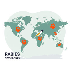 Naklejka na meble Global Rabies Awareness Map with Vaccination Syringe.