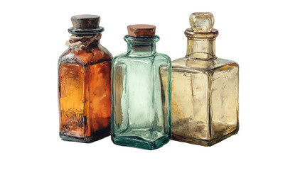 Watercolor halloween three antique glass bottles with cork stoppers, isolated on transparent background