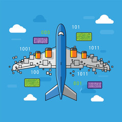 Airplane graphic design with binary code and pixelated wings.