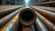 © Viktor - Close-up of rusted steel pipes, textured, weathered surface with hollow end. Blurred industrial background highlights manufacturing, construction, infrastructure materials. Quality metal for heavy