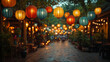 © king of blade - Illuminated Lanterns and Festive Street: The image captures a charming, vibrant street scene adorned with colorful lanterns, emanating a warm, inviting atmosphere.