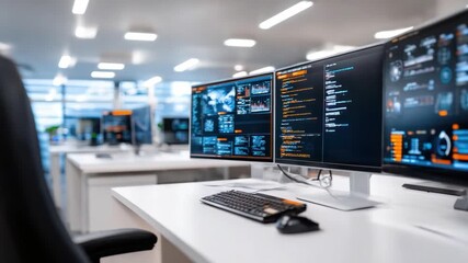 Wall Mural - Digital Workspace in a Tech Hub: A modern office environment, highlighted by rows of computer monitors displaying dynamic coding, data visualization, and tech interfaces.