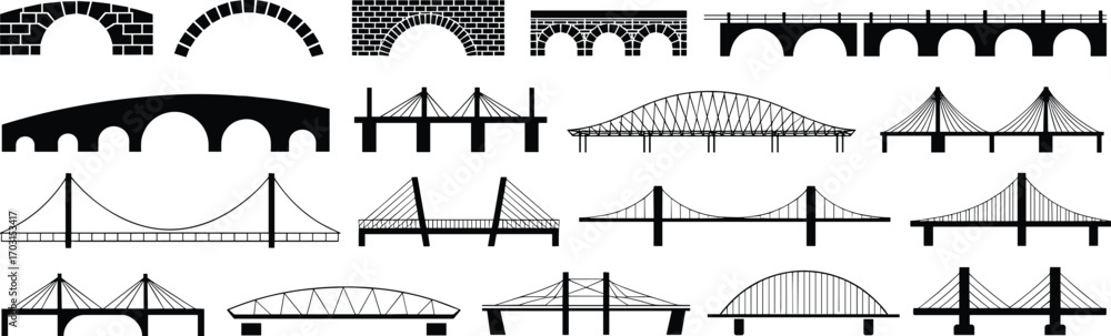 เวกเตอร์ Stock Different types of bridges vector icons, suspension ...