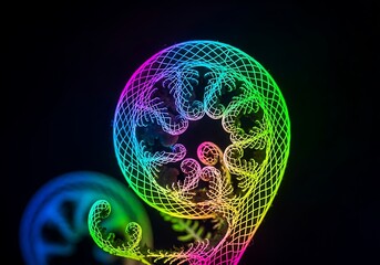 Dynamic fern frond, neon spectrum of light, intricate geometric web