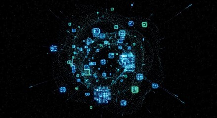 Abstract digital network visualization with glowing blue and green nodes connected by lines on a black background.