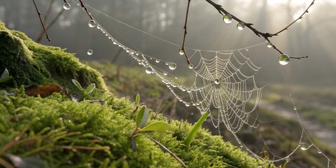Intricate spiderweb adorned with dew drops in misty forest morning light water droplets