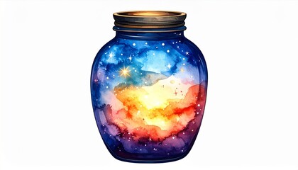 Wall Mural - Watercolor Jar Depicting a Vibrant Night Sky Galaxy With Starry Pattern and Cosmic Clouds