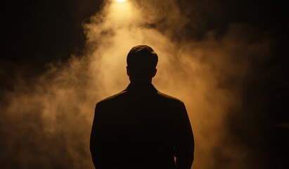 silhouette of actor in spotlight wearing suit facing away from viewer surrounded by thick smoke addi