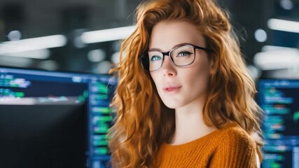 Redhead Expert: A confident woman with fiery red hair, her gaze direct, stands against a backdrop of computer screens and complex code, a symbol of modern expertise and technical prowess. 