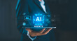 © JD8 - Futuristic concept of AI agents and digital transformation. Businessman holding tablet with artificial intelligence technology, innovation, automation and data-driven solutions. AI agents