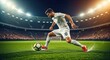 © DreamLab - Professional soccer player in a white uniform dribbling the ball at night in a stadium