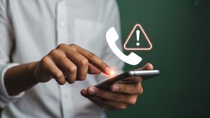 Urgent call notification on smartphone needs attention now from user in white shirt with glowing red warning