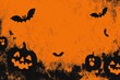 © Saadi - Spooky halloween background with carved pumpkins bats and spooky silhouettes against a textured orange and black backdrop