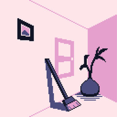 Wall Mural - Room Interior with Plant and Broom Placed on floor, Pink and Purple Pastel Tone, Pixel Art Illustration