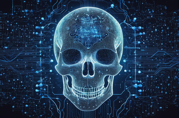 Wall Mural - Neon Cyber Skull Circuit. Generative AI.
