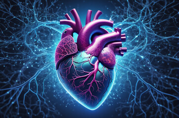 Wall Mural - Neon Cybernetic Heart. Generative AI.