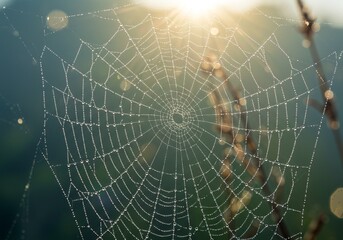 Spider on web with dewdrops shining in morning sunlight, artistic concept illustration for natural predator themes.
