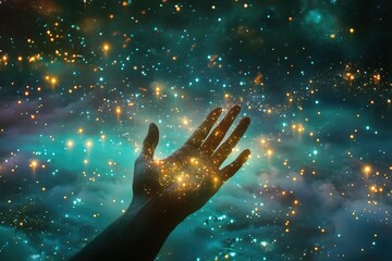 surreal dreams of a giant hand reaching from a sea of glowing stars