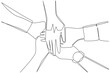 © Simple Line - Single one line drawing several hands stacked in a circle with the heart pulse in the middle. Work team agreement. National Employee Health and Fitness Day. Continuous line design graphic illustration