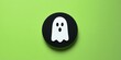 © ALL YOU NEED studio - Black circle sticker with white ghost face on neon green background. Minimal Halloween still life embodies playful shopping spirit.