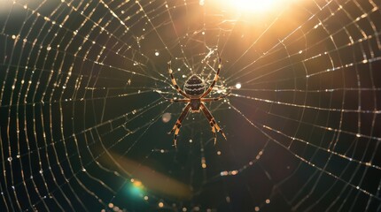 Close-up of a spider weaving its intricate web in a sunlit forest, showcasing nature's beauty