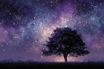 Wall Mural - Silhouetted tree under a vibrant night sky filled with stars and galaxy