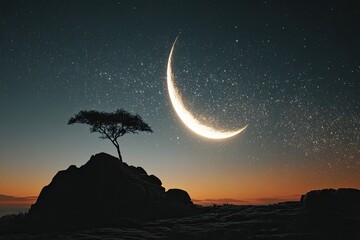 Wall Mural - Silhouetted tree on rocky outcrop, crescent moon, starry night