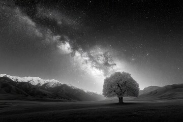 Wall Mural - Black and white landscape with tree, mountains, and Milky Way