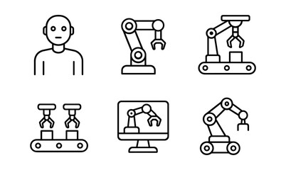 Robotics and automation technology: icon set featuring robot arms and human interface