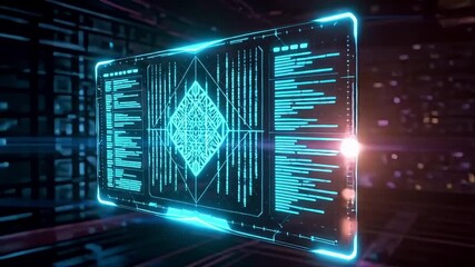 Futuristic digital interface displaying complex data and code in a neon glow