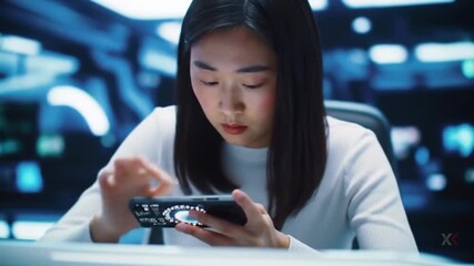 Focused young woman interacting with augmented reality interface on phone screen