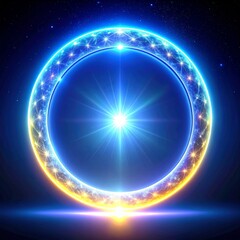 Wall Mural - Glowing Circle with Light Rays and Sparkling Stars in Dark Blue Cosmic Space